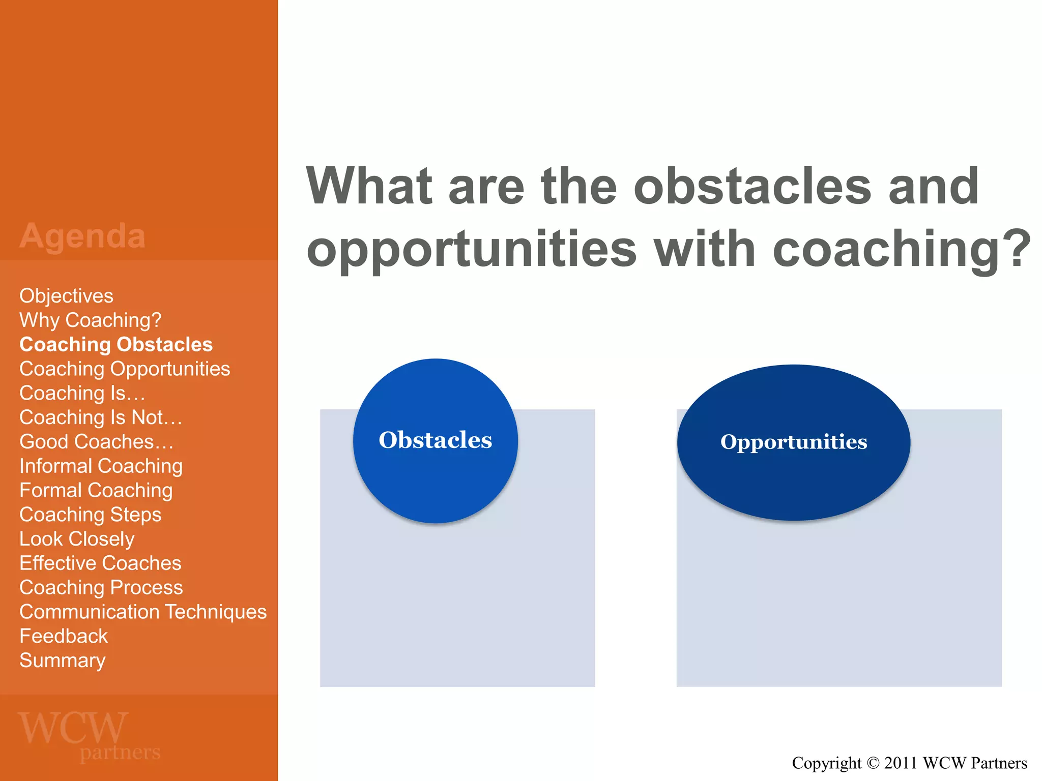 Agenda
Objectives
Why Coaching?
Coaching Obstacles
Coaching Opportunities
Coaching Is…
Coaching Is Not…
Good Coaches…
Informal Coaching
Formal Coaching
Coaching Steps
Look Closely
Effective Coaches
Coaching Process
Communication Techniques
Feedback
Summary

What are the obstacles and
opportunities with coaching?

Obstacles

Opportunities

Copyright © 2011 WCW Partners

 