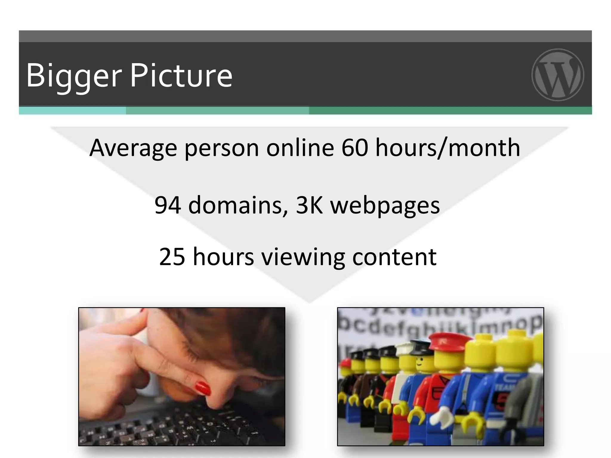 Bigger Picture
    Average person online 60 hours/month

         94 domains, 3K webpages
         25 hours viewing content
 