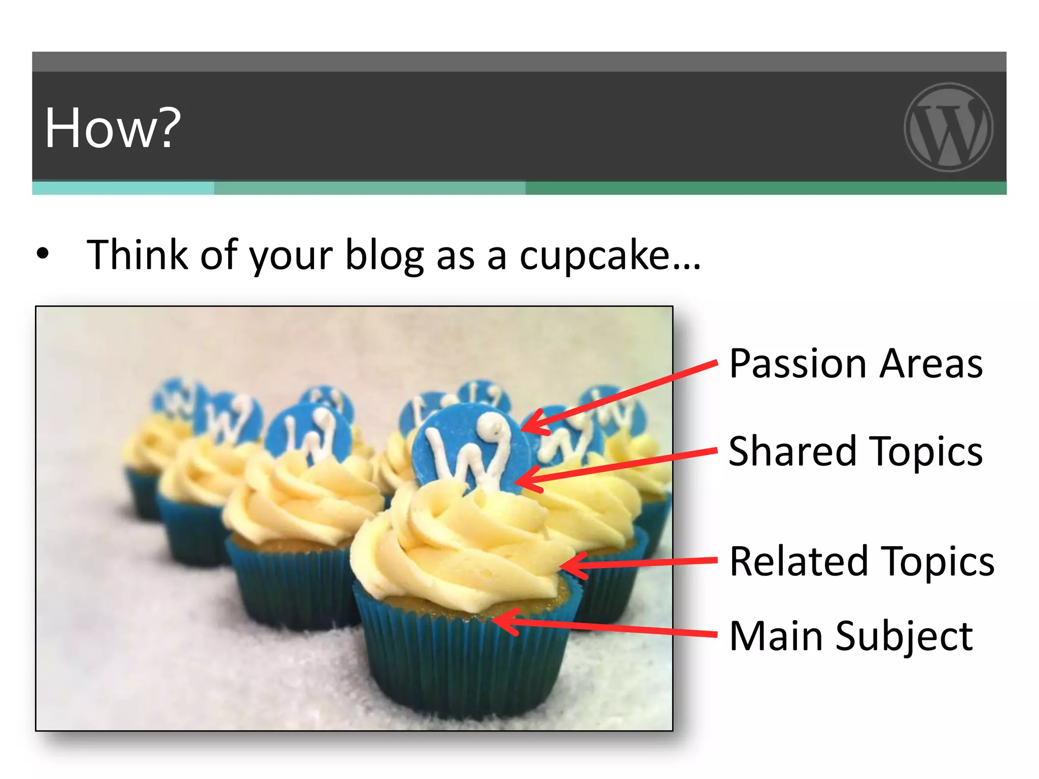 How?

• Think of your blog as a cupcake…

                                     Passion Areas
                                     Shared Topics

                                     Related Topics
                                     Main Subject
 