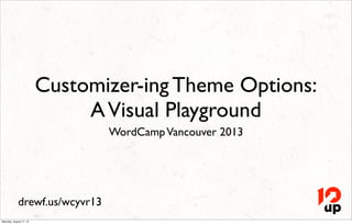 drewf.us/wcyvr13
Customizer-ing Theme Options:
AVisual Playground
WordCampVancouver 2013
Saturday, August 17, 13
 