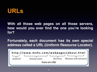 URLs
With all those web pages on all those servers,
how would you ever ﬁnd the one you’re looking
for?
Fortunately, each document has its own special
address called a URL (Uniform Resource Locator).
10
 