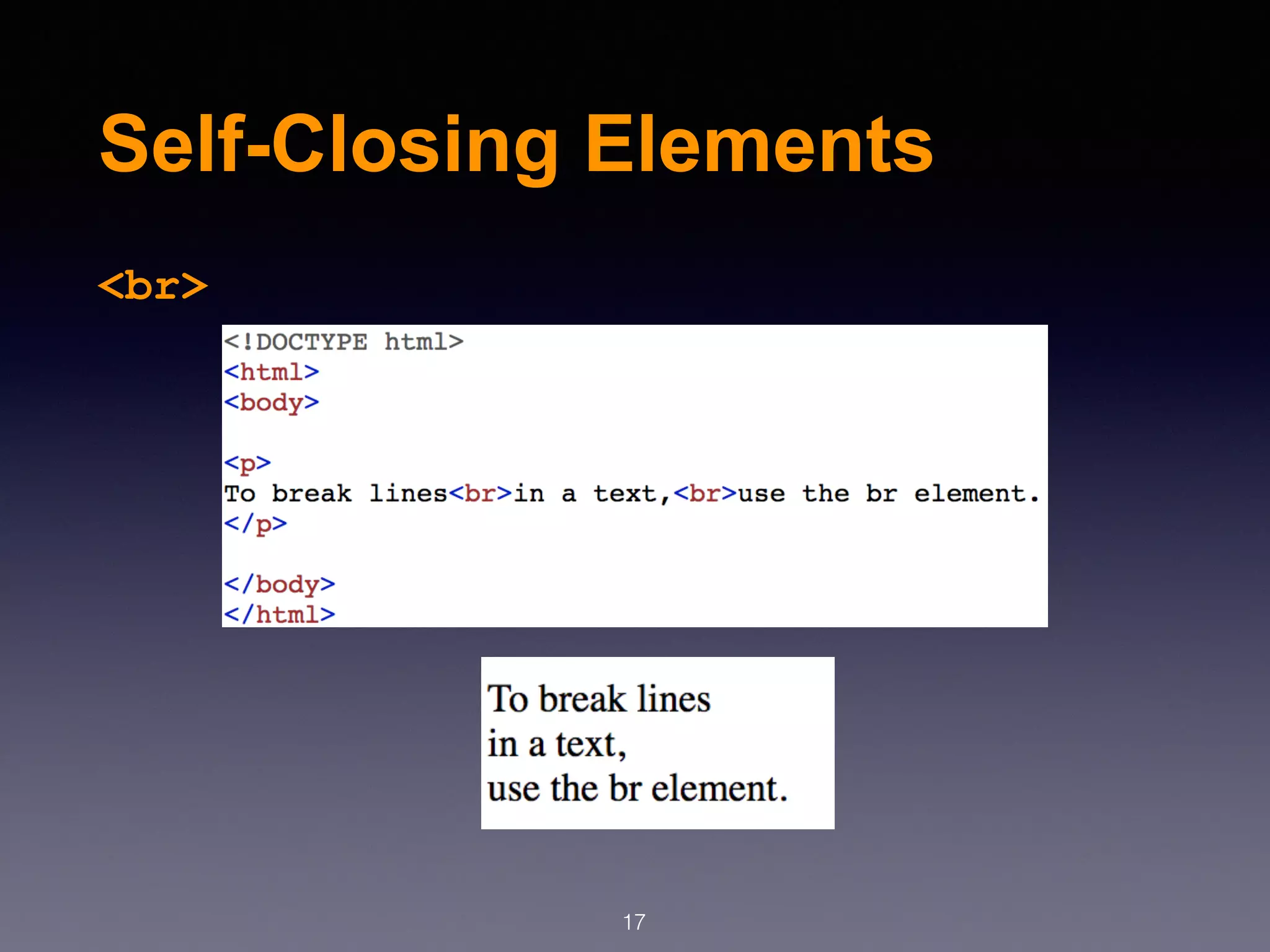 Self-Closing Elements
<br>
17
 