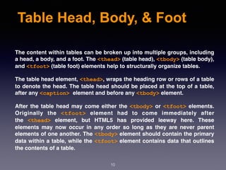 Table Head, Body, & Foot
The content within tables can be broken up into multiple groups, including
a head, a body, and a foot. The <thead> (table head), <tbody> (table body),
and <tfoot> (table foot) elements help to structurally organize tables.
The table head element, <thead>, wraps the heading row or rows of a table
to denote the head. The table head should be placed at the top of a table,
after any <caption> element and before any <tbody> element.
After the table head may come either the <tbody> or <tfoot> elements.
Originally the  <tfoot>  element had to come immediately after
the  <thead>  element, but HTML5 has provided leeway here. These
elements may now occur in any order so long as they are never parent
elements of one another. The <tbody> element should contain the primary
data within a table, while the <tfoot> element contains data that outlines
the contents of a table.
10
 