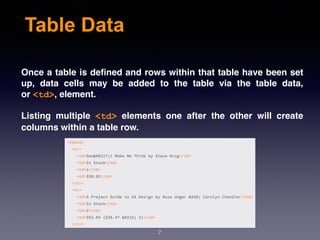 Table Data
Once a table is deﬁned and rows within that table have been set
up, data cells may be added to the table via the table data,
or <td>, element.
Listing multiple  <td>  elements one after the other will create
columns within a table row.
7
 