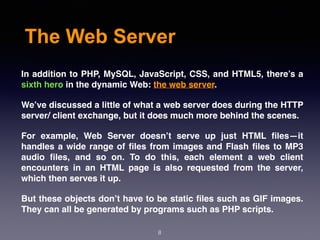 The Web Server
8
In addition to PHP, MySQL, JavaScript, CSS, and HTML5, there’s a
sixth hero in the dynamic Web: the web server.
We’ve discussed a little of what a web server does during the HTTP
server/ client exchange, but it does much more behind the scenes.
For example, Web Server doesn’t serve up just HTML ﬁles—it
handles a wide range of ﬁles from images and Flash ﬁles to MP3
audio ﬁles, and so on. To do this, each element a web client
encounters in an HTML page is also requested from the server,
which then serves it up.
But these objects don’t have to be static ﬁles such as GIF images.
They can all be generated by programs such as PHP scripts.
 