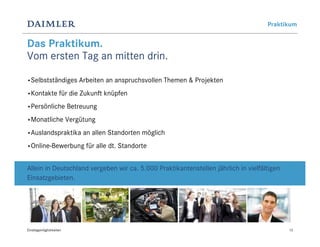 Praktikum


Das Praktikum.
Vom ersten Tag an mitten drin.

•Selbstständiges             Arbeiten an anspruchsvollen Themen & Projekten
•Kontakte           für die Zukunft knüpfen
•Persönliche             Betreuung
•Monatliche              Vergütung
•Auslandspraktika             an allen Standorten möglich
•Online-Bewerbung              für alle dt. Standorte


Allein in Deutschland vergeben wir ca. 5.000 Praktikantenstellen jährlich in vielfältigen
Einsatzgebieten.




Einstiegsmöglichkeiten                                                                      13
 