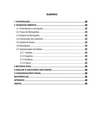 SUMÁRIO
1 INTRODUÇÃO....................................................................................................00
2 DESENVOLVIMENTO........................................................................................00
2.1 Entendendo a monografia............................................................................00
2.2 Tipos de Monografias...................................................................................00
2.3 Etapas da Monografia...................................................................................00
2.4 Construção dos Capítulos............................................................................00
2.5 Coleta de Dados...........................................................................................00
2.6 Resultados....................................................................................................00
2.7 Apresentação dos Dados.............................................................................00
2.7.1 Tabelas................................................................................................00
2.7.2 Quadros...............................................................................................00
2.7.3 Gráficos...............................................................................................00
2.7.4 Figura..................................................................................................00
3 METODOLOGIA..................................................................................................00
4 ANÁLISE E DISCUSSÃO DOS DADOS.............................................................00
5 CONSIDERAÇÕES FINAIS.................................................................................00
REFERÊNCIAS.......................................................................................................00
APÊNDICE..............................................................................................................00
ANEXO....................................................................................................................00
 