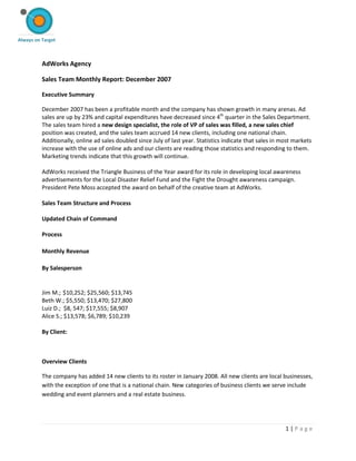  <br />AdWorks Agency<br />Sales Team Monthly Report: December 2007<br />Executive Summary<br />December 2007 has been a profitable month and the company has shown growth in many arenas. Ad sales are up by 23% and capital expenditures have decreased since 4th quarter in the Sales Department. The sales team hired a new design specialist, the role of VP of sales was filled, a new sales chief position was created, and the sales team accrued 14 new clients, including one national chain. Additionally, online ad sales doubled since July of last year. Statistics indicate that sales in most markets increase with the use of online ads and our clients are reading those statistics and responding to them. Marketing trends indicate that this growth will continue.<br />AdWorks received the Triangle Business of the Year award for its role in developing local awareness advertisements for the Local Disaster Relief Fund and the Fight the Drought awareness campaign.  President Pete Moss accepted the award on behalf of the creative team at AdWorks.<br />Sales Team Structure and Process<br />Updated Chain of Command <br />Process<br />Monthly Revenue<br />By Salesperson<br />Jim M.; $10,252; $25,560; $13,745<br />Beth W.; $5,550; $13,470; $27,800<br />Luiz D.;  $8, 547; $17,555; $8,907<br />Alice S.; $13,578; $6,789; $10,239<br />By Client:<br />Overview Clients<br />The company has added 14 new clients to its roster in January 2008. All new clients are local businesses, with the exception of one that is a national chain. New categories of business clients we serve include wedding and event planners and a real estate business.<br />New Clients<br />A Learning Style (national chain)<br />Builderman & Builderman<br />Hart & Sons<br />Write Image<br />TGK<br />This Blissful Day – Weddings & Events<br />Schmidt, Pearson, and Paul Attorneys at Law<br />Home Services Real Estate<br />A Beaded Room<br />A Kids Place<br />Child to Child Consignment<br />Possibilities<br />Quick Print Copy Place<br />Builder Supply Depot<br />