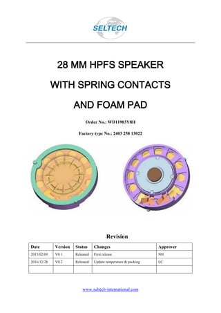www.seltech-international.com
28 MM HPFS SPEAKER
WITH SPRING CONTACTS
AND FOAM PAD
Order No.: WD11903Y8H
Factory type No.: 2403 258 13022
Revision
Date Version Status Changes Approver
2015/02/09 V0.1 Released First release NH
2016/12/28 V0.2 Released Update temperature & packing LC
 