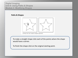 Digital Imaging
Unit 9: Using Paths & Shapes
Module 2: Modifying Shapes
Paths & Shapes
To make a straight shape click each of the points where the shape
would have a corner.
To finish the shape click on the original starting point.
 