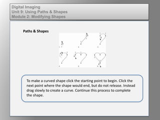 Digital Imaging
Unit 9: Using Paths & Shapes
Module 2: Modifying Shapes
Paths & Shapes
To make a curved shape click the starting point to begin. Click the
next point where the shape would end, but do not release. Instead
drag slowly to create a curve. Continue this process to complete
the shape.
 