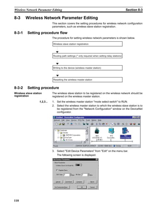 Wireless Network Parameter Editing                                                                   Section 8-3

8-3      Wireless Network Parameter Editing
                               This section covers the setting procedures for wireless network configuration
                               parameters, such as wireless slave station registration.

8-3-1     Setting procedure flow
                               The procedure for setting wireless network parameters is shown below.

                               Wireless slave station registration




                               Routing path settings (* only required when setting relay stations)




                               Writing to the device (wireless master station)



                               Resetting the wireless master station


8-3-2     Setting procedure
Wireless slave station         The wireless slave station to be registered on the wireless network should be
registration                   registered on the wireless master station.

                    1,2,3...   1. Set the wireless master station "mode select switch" to RUN.
                               2. Select the wireless master station to which the wireless slave station is to
                                  be registered from the "Network Configuration" window on the DeviceNet
                                  configurator.




                               3. Select "Edit Device Parameters" from "Edit" on the menu bar.
                                   The following screen is displayed.




110
 