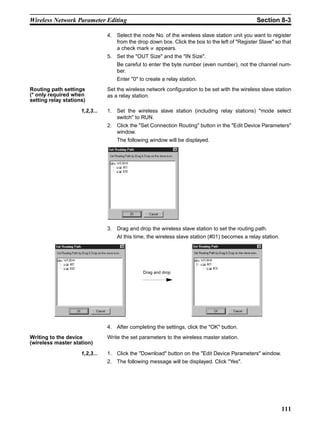 Wireless Network Parameter Editing                                                              Section 8-3

                                4. Select the node No. of the wireless slave station unit you want to register
                                   from the drop down box. Click the box to the left of "Register Slave" so that
                                   a check mark appears.
                                5. Set the "OUT Size" and the "IN Size".
                                    Be careful to enter the byte number (even number), not the channel num-
                                    ber.
                                    Enter "0" to create a relay station.
Routing path settings           Set the wireless network configuration to be set with the wireless slave station
(* only required when           as a relay station.
setting relay stations)

                     1,2,3...   1. Set the wireless slave station (including relay stations) "mode select
                                   switch" to RUN.
                                2. Click the "Set Connection Routing" button in the "Edit Device Parameters"
                                   window.
                                    The following window will be displayed.




                                3. Drag and drop the wireless slave station to set the routing path.
                                    At this time, the wireless slave station (#01) becomes a relay station.




                                               Drag and drop




                                4. After completing the settings, click the "OK" button.
Writing to the device           Write the set parameters to the wireless master station.
(wireless master station)

                     1,2,3...   1. Click the "Download" button on the "Edit Device Parameters" window.
                                2. The following message will be displayed. Click "Yes".




                                                                                                              111
 