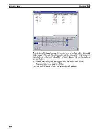 Running Test                                                                     Section 8-5




               The number of test packets and the number of error packets will be displayed
               on the screen. Although the criteria varies with the application, 10 or less error
               packets (i.e.,a packet error rate of 0.01 or less) indicates that communications
               are satisfactory.
               8. To stop the running test and logging, click the "Abort Test" button.
                   The running test and logging will stop.
               Click the "Close" button to close the "Running Test" window.




120
 