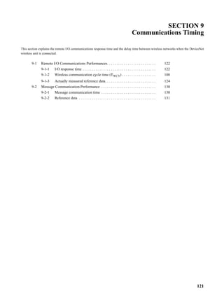SECTION 9
                                                                                                 Communications Timing

This section explains the remote I/O communications response time and the delay time between wireless networks when the DeviceNet
wireless unit is connected.


       9-1    Remote I/O Communications Performances. . . . . . . . . . . . . . . . . . . . . . . . . .                    122
              9-1-1     I/O response time . . . . . . . . . . . . . . . . . . . . . . . . . . . . . . . . . . . . . . .    122
              9-1-2     Wireless communication cycle time (TWCY) . . . . . . . . . . . . . . . . . .                       108
              9-1-3     Actually measured reference data. . . . . . . . . . . . . . . . . . . . . . . . . . .              124
       9-2    Message Communication Performance . . . . . . . . . . . . . . . . . . . . . . . . . . . . .                  130
              9-2-1     Message communication time . . . . . . . . . . . . . . . . . . . . . . . . . . . . .               130
              9-2-2     Reference data . . . . . . . . . . . . . . . . . . . . . . . . . . . . . . . . . . . . . . . . .   131




                                                                                                                                 121
 
