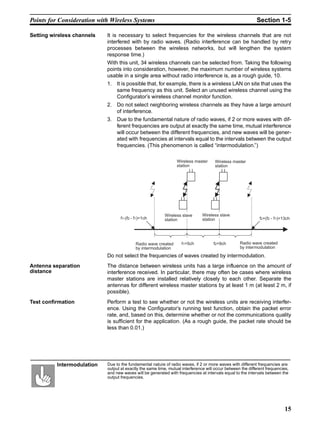 Points for Consideration with Wireless Systems                                                              Section 1-5

Setting wireless channels   It is necessary to select frequencies for the wireless channels that are not
                            interfered with by radio waves. (Radio interference can be handled by retry
                            processes between the wireless networks, but will lengthen the system
                            response time.)
                            With this unit, 34 wireless channels can be selected from. Taking the following
                            points into consideration, however, the maximum number of wireless systems
                            usable in a single area without radio interference is, as a rough guide, 10.
                            1. It is possible that, for example, there is a wireless LAN on site that uses the
                               same frequency as this unit. Select an unused wireless channel using the
                               Configurator’s wireless channel monitor function.
                            2. Do not select neighboring wireless channels as they have a large amount
                               of interference.
                            3. Due to the fundamental nature of radio waves, if 2 or more waves with dif-
                               ferent frequencies are output at exactly the same time, mutual interference
                               will occur between the different frequencies, and new waves will be gener-
                               ated with frequencies at intervals equal to the intervals between the output
                               frequencies. (This phenomenon is called “intermodulation.”)

                                                                 Wireless master      Wireless master
                                                                 station              station




                                                           Wireless slave      Wireless slave
                                   f1-(f2 - f1)=1ch        station             station                        f2+(f2 - f1)=13ch




                                            Radio wave created      f1=5ch           f2=9ch        Radio wave created
                                            by intermodulation                                     by intermodulation

                            Do not select the frequencies of waves created by intermodulation.
Antenna separation          The distance between wireless units has a large influence on the amount of
distance                    interference received. In particular, there may often be cases where wireless
                            master stations are installed relatively closely to each other. Separate the
                            antennas for different wireless master stations by at least 1 m (at least 2 m, if
                            possible).
Test confirmation           Perform a test to see whether or not the wireless units are receiving interfer-
                            ence. Using the Configurator’s running test function, obtain the packet error
                            rate, and, based on this, determine whether or not the communications quality
                            is sufficient for the application. (As a rough guide, the packet rate should be
                            less than 0.01.)




          Intermodulation   Due to the fundamental nature of radio waves, if 2 or more waves with different frequencies are
                            output at exactly the same time, mutual interference will occur between the different frequencies,
                            and new waves will be generated with frequencies at intervals equal to the intervals between the
                            output frequencies.




                                                                                                                            15
 