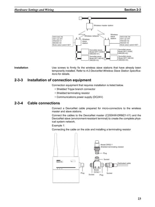 Hardware Settings and Wiring                                                                                    Section 2-3



                                                                       Wireless master station



                                                                                            Wireless
                           SW3=bit6 ON
                                                             Wireless network               slave        SW3=bit6 ON
                           SW1=all OFF                 Wireless                             station      SW1=all OFF
                           WNODE=01                    slave                                             WNODE=02
                           NNODE=00                    station                                           NNODE=00
                           Mode select switch=SET                                                        Mode select switch=SET


                                                                  DeviceNet slaves                     DeviceNet slaves
                                                                  Model DRT1-ID08C                     Model DRT1-ID08C
                                                                  (NNODE=01)                           (NNODE=02)
                                                                  DeviceNet slaves                     DeviceNet slaves
                                                                  Model DRT1-MD16C                     Model DRT1-MD16C
                                                                  (NNODE=03)                           (NNODE=04)



Installation              Use screws to firmly fix the wireless slave stations that have already been
                          temporarily installed. Refer to 4-2 DeviceNet Wireless Slave Station Specifica-
                          tions for details.

2-3-3      Installation of connection equipment
                          Connection equipment that requires installation is listed below.
                               • Shielded T-type branch connector
                               • Shielded terminating resistor
                               • Communications power supply (DC24V)

2-3-4      Cable connections
                          Connect a DeviceNet cable prepared for micro-connectors to the wireless
                          master and slave stations.
                          Connect the cables to the DeviceNet master (C200HW-DRM21-V1) and the
                          DeviceNet slave (environment-resistant terminal) to create the complete phys-
                          ical system network.
                          Example 1:
                          Connecting the cable on the side and installing a terminating resistor




                                                                                Model DRS2-1
                                                                                Shielded terminating resistor


                                                                                   Plug


                                                                                   Socket
                                WD30-SEV1
                                                                                                     Dedicated cable


                                                                      Model
                                                                      DCN2-1
                                                      Plug                             Socket
                                                                 Socket     Plug




                                                                                                                              23
 