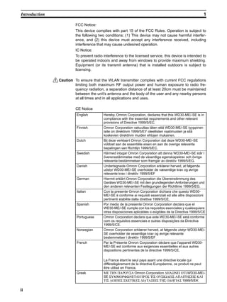Introduction                                                                                                 1

                          FCC Notice:
                          This device complies with part 15 of the FCC Rules. Operation is subject to
                          the following two conditions: (1) This device may not cause harmful interfer-
                          ence, and (2) this device must accept any interference received, including
                          interference that may cause undesired operation.
                          IC Notice:
                          To prevent radio interference to the licensed service, this device is intended to
                          be operated indoors and away from windows to provide maximum shielding.
                          Equipment (or its transmit antenna) that is installed outdoors is subject to
                          licensing.

               !Caution To ensure that the WLAN transmitter complies with current FCC regulations
                        limiting both maximum RF output power and human exposure to radio fre-
                        quency radiation, a separation distance of at least 20cm must be maintained
                        between the unit’s antenna and the body of the user and any nearby persons
                        at all times and in all applications and uses.

                          CE Notice
                           English         Hereby, Omron Corporation, declares that this WD30-ME/-SE is in
                                           compliance with the essential requirements and other relevant
                                           provisions of Directive 1999/5/EC.
                           Finnish         Omron Corporation vakuuttaa täten että WD30-ME/-SE tyyppinen
                                           laite on direktiivin 1999/5/EY oleellisten vaatimusten ja sitä
                                           koskevien direktiivin muiden ehtojen mukainen.
                           Dutch           Bij deze verklaart Omron Corporation dat deze WD30-ME/-SE
                                           voldoet aan de essentiële eisen en aan de overige relevante
                                           bepalingen van Richtlijn 1999/5/EC.
                           Swedish         Härmed intygar Omron Corporation att denna WD30-ME/-SE står I
                                           överensstämmelse med de väsentliga egenskapskrav och övriga
                                           relevanta bestämmelser som framgår av direktiv 1999/5/EG.
                           Danish          Undertegnede Omron Corporation erklærer herved, at følgende
                                           udstyr WD30-ME/-SE overholder de væsentlige krav og øvrige
                                           relevante krav i direktiv 1999/5/EF
                           German          Hiermit erklärt Omron Corporation die Übereinstimmung des
                                           Gerätes WD30-ME/-SE mit den grundlegenden Anforderungen und
                                           den anderen relevanten Festlegungen der Richtlinie 1999/5/EG.
                           Italian         Con la presente Omron Corporation dichiara che questo WD30-
                                           ME/-SE è conforme ai requisiti essenziali ed alle altre disposizioni
                                           pertinenti stabilite dalla direttiva 1999/5/CE.
                           Spanish         Por medio de la presente Omron Corporation declara que el
                                           WD30-ME/-SE cumple con los requisitos esenciales y cualesquiera
                                           otras disposiciones aplicables o exigibles de la Directiva 1999/5/CE
                           Portuguese      Omron Corporation declara que este WD30-ME/-SE está conforme
                                           com os requisitos essenciais e outras disposições da Directiva
                                           1999/5/CE.
                           Norwegian       Omron Corporation erklærer herved, at følgende utstyr WD30-ME/-
                                           SE overholder de vesentlige krav og øvrige relevante
                                           bestemmelser i direktiv 1999/5/EF
                           French          Par la Présente Omron Corporation déclare que l’appareil WD30-
                                           ME/-SE est conforme aux exigences essentielles et aux autres
                                           dispositions pertinentes de la directive 1999/5/CE.

                                           La France étant le seul pays ayant une directive locale qui
                                           différelégèrement de la directive Européenne, ce produit ne peut
                                           être utilisé en France.
                           Greek           ΜΕ ΤΗΝ ΠΑΡΟΥΣΑ Omron Corporation ∆ΗΛΩΝΕΙ ΟΤΙ WD30-ME/-
                                           SE ΣΥΜΜΟΡΦΩΝΕΤΑΙ ΠΡΟΣ ΤΙΣ ΟΥΣΙΩ∆ΕΙΣ ΑΠΑΙΤΗΣΕΙΣ ΚΑΙ
                                           ΤΙΣ ΛΟΙΠΕΣ ΣΧΕΤΙΚΕΣ ∆ΙΑΤΑΞΕΙΣ ΤΗΣ Ο∆ΗΓΙΑΣ 1999/5/EK

ii
 