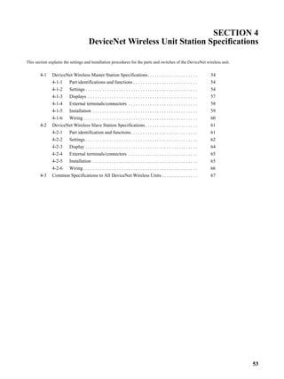 SECTION 4
                                        DeviceNet Wireless Unit Station Specifications

This section explains the settings and installation procedures for the parts and switches of the DeviceNet wireless unit.


        4-1    DeviceNet Wireless Master Station Specifications. . . . . . . . . . . . . . . . . . . . .                          54
               4-1-1     Part identifications and functions . . . . . . . . . . . . . . . . . . . . . . . . . . .                 54
               4-1-2     Settings . . . . . . . . . . . . . . . . . . . . . . . . . . . . . . . . . . . . . . . . . . . . . . .   54
               4-1-3     Displays . . . . . . . . . . . . . . . . . . . . . . . . . . . . . . . . . . . . . . . . . . . . . .     57
               4-1-4     External terminals/connectors . . . . . . . . . . . . . . . . . . . . . . . . . . . . .                  58
               4-1-5     Installation . . . . . . . . . . . . . . . . . . . . . . . . . . . . . . . . . . . . . . . . . . . .     59
               4-1-6     Wiring . . . . . . . . . . . . . . . . . . . . . . . . . . . . . . . . . . . . . . . . . . . . . . . .   60
        4-2    DeviceNet Wireless Slave Station Specifications . . . . . . . . . . . . . . . . . . . . . .                        61
               4-2-1     Part identification and functions . . . . . . . . . . . . . . . . . . . . . . . . . . . .                61
               4-2-2     Settings . . . . . . . . . . . . . . . . . . . . . . . . . . . . . . . . . . . . . . . . . . . . . . .   62
               4-2-3     Display . . . . . . . . . . . . . . . . . . . . . . . . . . . . . . . . . . . . . . . . . . . . . . .    64
               4-2-4     External terminals/connectors . . . . . . . . . . . . . . . . . . . . . . . . . . . . .                  65
               4-2-5     Installation . . . . . . . . . . . . . . . . . . . . . . . . . . . . . . . . . . . . . . . . . . . .     65
               4-2-6     Wiring . . . . . . . . . . . . . . . . . . . . . . . . . . . . . . . . . . . . . . . . . . . . . . . .   66
        4-3    Common Specifications to All DeviceNet Wireless Units . . . . . . . . . . . . . . .                                67




                                                                                                                                       53
 