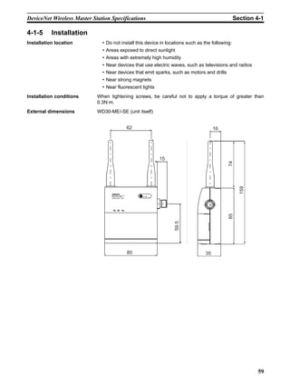 DeviceNet Wireless Master Station Specifications                                                 Section 4-1

4-1-5      Installation
Installation location         • Do not install this device in locations such as the following:
                              • Areas exposed to direct sunlight
                              • Areas with extremely high humidity
                              • Near devices that use electric waves, such as televisions and radios
                              • Near devices that emit sparks, such as motors and drills
                              • Near strong magnets
                              • Near fluorescent lights
Installation conditions     When tightening screws, be careful not to apply a torque of greater than
                            0.3N·m.
External dimensions         WD30-ME/-SE (unit itself)


                                                  62                                  16




                                                          15




                                                                                            74

                                                                                                   159
                                  WD30-MEV1
                                  WIRELESS UNIT




                                                                                            85
                                                                 59.5




                                                  80                             35




                                                                                                         59
 