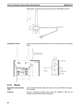 DeviceNet Wireless Master Station Specifications                                                                   Section 4-1

                                WD30-AT001 magnet-base antenna provided with WD30-ME01/-SE01C




                                      94
                                115
                                           13.3
                                      20                                                     (Cable length: 2m)



                                                  35.8 dia.
                                                    39




                                                                    9




Installation method             Use the screws provided to fix the device in the 2 locations shown in the figure
                                below.




                                              Do not place any metal
                                              objects near the antennas.




                                                                                                         Metal board
                                              Metal board
                    WD30-MEV1




                                                                                      29.5                 Nut
                                                                           M4 screw
                                                                                                       Spring washer

                                                                                                     Flat washer




                                      7


              4.5



4-1-6      Wiring
DeviceNet communication         Use a special DeviceNet cable (with socket on one end). Refer to the appen-
cable                           dix for models.
Antennas                        Use the 2 antennas included. Both should be installed. If both are not
                                installed, diversity effects will not be attained.




60
 