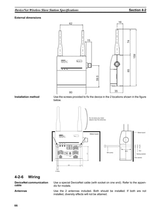 DeviceNet Wireless Slave Station Specifications                                                                            Section 4-2

External dimensions
                                                                                                               16
                                                        62




                                                                 15




                                                                                                                       74

                                                                                                                             159
                                                                                    156
                                        WD30-SEV1
                                        WIRELESS UNIT




                                                                                                                       85
                                                                             59.5                         35
                                                        80
Installation method         Use the screws provided to fix the device in the 2 locations shown in the figure
                            below.




                                                                  Do not place any metal
                                                                  objects near the antennas.




                                                                                                                                    Metal board
                                                                   Metal board
                                   WD30-SEV1




                                                                                                                    29.5              Nut
                                                                                               M4 screw
                                                                                                                                   Spring washer

                                                                                                                              Flat washer




                                                             7



                              4.5dia.



4-2-6      Wiring
DeviceNet communication     Use a special DeviceNet cable (with socket on one end). Refer to the appen-
cable                       dix for models.
Antennas                    Use the 2 antennas included. Both should be installed. If both are not
                            installed, diversity effects will not be attained.



66
 