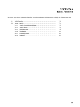 SECTION 6
                                                                                                                                   Relay Function

This section gives detailed explanations of the relay function of the wireless slave stations used to enlarge the communications area.


        6-1    Relay Function . . . . . . . . . . . . . . . . . . . . . . . . . . . . . . . . . . . . . . . . . . . . . . . .        78
        6-2    Actual Example. . . . . . . . . . . . . . . . . . . . . . . . . . . . . . . . . . . . . . . . . . . . . . . .         79
               6-2-1        System configuration example . . . . . . . . . . . . . . . . . . . . . . . . . . . . .                   79
               6-2-2        System setting. . . . . . . . . . . . . . . . . . . . . . . . . . . . . . . . . . . . . . . . . .        79
               6-2-3        Installation test . . . . . . . . . . . . . . . . . . . . . . . . . . . . . . . . . . . . . . . . .      79
               6-2-4        Preparation . . . . . . . . . . . . . . . . . . . . . . . . . . . . . . . . . . . . . . . . . . . .      81
               6-2-5        Communications . . . . . . . . . . . . . . . . . . . . . . . . . . . . . . . . . . . . . . . .           81
               6-2-6        Response . . . . . . . . . . . . . . . . . . . . . . . . . . . . . . . . . . . . . . . . . . . . . .     82




                                                                                                                                               77
 