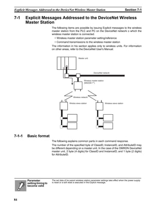 Explicit Messages Addressed to the DeviceNet Wireless Master Station                                               Section 7-1

7-1     Explicit Messages Addressed to the DeviceNet Wireless
        Master Station
                             The following items are possible by issuing Explicit messages to the wireless
                             master station from the PLC and PC on the DeviceNet network o which the
                             wireless master station is connected.
                               • Wireless master station parameter setting/reference
                               • Command transmissions to the wireless master station
                             The information in his section applies only to wireless units. For information
                             on other areas, refer to the DeviceNet User's Manual.


                                                          Master unit




                                                                           DeviceNet network



                                                                Wireless master station
                                                                (NNODE=**)




                                                   Wireless network


                                               Wirelss slave station                      Wireless slave station




7-1-1    Basic format
                             The following explains common parts in each command response.
                             The number of the specified byte of ClassID, InstanceID, and AttributeID may
                             be different depending on a master unit. In the case of the OMRON DeviceNet
                             master unit, 2 byte (4 digits) for ClassID and InstanceID, and 1 byte (2 digits)
                             for AttributeID.




         Parameter           The set data of he parent wireless station parameter settings take effect when the power supply
         setting timing to   is reset or a soft reset is executed in the Explicit message.
         become valid




84
 