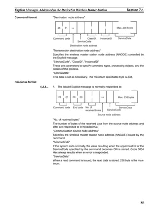 Explicit Messages Addressed to the DeviceNet Wireless Master Station                              Section 7-1

Command format               "Destination node address"


                                 28    01                                                 Max. 238 bytes
                                              **

                             Command code                   ClassID       InstanceID       ServiceData
                                                    ServiceCode
                                             Destination node address

                             "Transmission destination node address"
                             Specifies the wireless master station node address (NNODE) controlled by
                             the Explicit message.
                             "ServiceCode", "ClassID", "InstanceID"
                             These are parameters to specify command types, processing objects, and the
                             details of the process.
                             "ServiceData"
                             This data is set as necessary. The maximum specifiable byte is 238.
Response format
                  1,2,3...   1. The issued Explicit message is normally responded to:


                                 28    01      00      00                    **            Max. 238 bytes



                             Command code      End code     No. of                          ServiceData
                                                            received bytes        ServiceCode

                                                                        Source node address

                             "No. of received bytes"
                             The number of bytes of the received data from the source node address and
                             after are responded to in hexadecimal.
                             "Communication source node address"
                             Specifies the wireless master station node address (NNODE) issued by the
                             command.
                             "ServiceCode"
                             If the system ends normally, the value resulting when the uppermost bit of the
                             ServiceCode specified by the command becomes ON is stored. Code 0004
                             Hex always results when an error is responded.
                             "ServiceData"
                             When a read command is issued, the read data is stored. 238 byte is the max-
                             imum.




                                                                                                            85
 