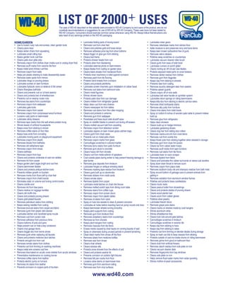 LIST OF 2000 + USES
                                                 The uses of WD-40 described on this website were provided to WD-40 Company by end-users of the product, and do not
                                                 constitute recommendations or suggestions for use of WD-40 by WD-40 Company. These uses have not been tested by
                                                 WD-40 Company. Consumers should exercise common sense whenever using WD-40. Always follow theinstructions and
                                                 take heed of any warnings printed on the WD-40 packaging.

HOME/GARDEN
•                                                                       •   Lubricates folding parts of ironing board                               •   Lubricates mixer gears
•   Use to loosen rusty nuts and screws, clean garden tools             •   Removes rust from chair feet                                            •   Removes rollerblade marks from kitchen
•   Cleans piano keys                                                   •   Cleans and polishes gold and brass lamps                                •   Adds moisture to and preserves ivory and bone items
•   Keeps wicker chairs from squeaking                                  •   Removes adhesive price tag from shoe bottoms                            •   Keeps lawn mower carburetors free of gunk
•   Lubricates small rolling toys                                       •   Keeps trigger on glue gun from sticking                                 •   Removes velcro stickers
•   Keeps garden tools rust-free                                        •   Cleans bed frame                                                        •   Polishes away scratches on countertops
•   Cleans patio door glide strip                                       •   Protects shower heads from rust                                         •   Lubricates vacuum cleaner roller brush
•   Removes crayon from clothes dryer (make sure to unplug dryer        •   Protects silver from blackening                                         •   Cleans gunk from base of toilet bowl
•   Removes scuff marks from ceramic tile                               •   Lubricates external pivots on lawnmowers                                •   Lubricates runners on porch glider
•   Keeps metal wind chimes rust-free                                   •   Keeps blades from rusting on garden plow                                •   Cleans           tar off circular saw blades
•   Removes crayon from walls                                           •   Cleans black streaks from hardwood                                      •   Protects exposed metal parts on snow blowers
•   Helps join plastic shelving to make disassembly easier              •   Protects inner machinery in toilet against corrosion                    •   Removes sticker residue from clothes
•   Removes water spots from mirrors                                    •   Removes paint from tile                                                 •   Removes gum from
•   Lubricates hinge on pruning shears                                  •   Protects hand trowels from corrosion                                    •   Keeps clay from sticking to shovels
•   Lubricates screws on lawn furniture                                 •   Cleans and protects pitchforks                                          •   Prevents rake from rusting
•   Lubricates hydraulic rams on slideout of 5th wheel                  •   Lubricates screen channels upon installation of rubber bead             •   Removes laundry detergent stain from washer
•   Cleans             bathtubs                                         •   Removes rust stains from bathroom tubs                                  •   Polishes splash guards
•   Cleans and prevents rust on oil tank exterior                       •   Cleans metal                                                            •   Cleans crayon off of rock walls
•   Cleans and protects bed of wheelbarrows                             •   Shines shower doors                                                     •   Lubricates ball valve handle on sprinkler system
•   Prevents rust on swamp cooler nuts                                  •   Protects patio door from sun damage                                     •   Lubricates return springs on riding lawnmowers
•   Removes tea stains from countertops                                 •   Cleans mildew from refrigerator gasket                                  •   Keeps kitty-doo from sticking to electric cat-box rakes
•   Removes crayon from wallpaper                                       •   Helps clean rust from wire shelves                                      •   Removes dried toothpaste stains
•   Lubricates gate locks                                               •   Cleans newspaper ink from tables                                        •   Removes silly putty from furniture
•   Removes crayon from carpet                                          •   Removes rust stains from         after mopping                          •   Cleans lime stains from toilet bowls
•   Removes crayon from compressed wood furniture                       •   Cleans and protects tv antenna                                          •   Spray on bottom 6 inches of wooden patio table to prevent mildew
•   Loosens rusty parts on lawnmower                                    •   Removes gum from wallpaper                                                  build up
•   Lubricates sticky drawers                                           •   Penetrates and frees stuck toilet shutoff valve                         •   Removes glue from refrigerator
•   Removes tape marks from the wall where posters hung                 •   Spray on rototiller blades to prevent rust during off-season            •   Helps clean showers
•   Shines leaves of           houseplants                              •   Cleans melted vacuum belt from carpeting                                •   Cleans build up on hedge trimmers
•   Keeps snow from sticking to shovel                                  •   Removes crayon from television screen                                   •   Lubricates gardening shears
•   Removes coffee stains on          tiles                             •   Lubricates zippers on lawn mower grass catcher bags                     •   Cleans dog hair from sliding door rollers
•   Keeps hose ends from corroding                                      •   Cleans gunk from chain saws                                             •   Removes marks-a-lot ink from most items
•   Lubricates moving parts on playground equipment                     •   Prevents rust on metal patio chairs                                     •   Removes rust from cookie tins
•   Removes crayon from plastic                                         •   Removes crayon marks from glass                                         •   Keeps         pots from sticking together when stacked in storage
•   Removes decals from bathtubs                                        •                  scratches in cultured marble                             •   Removes gum from dryer lint screen
•   Removes old cellophane tape                                         •   Removes berry stains from patio furniture                               •   Cleans tar from rubber water hoses
•   Removes crayon from shoes                                           •   Removes gum stuck to concrete                                           •   Removes scuff marks from lawn furniture
•   Cleans ashtrays                                                     •   Cleans heavy dirt from shovels                                          •   Removes rust stains from tile
•   Removes crayon from toys                                            •   Cleans rust from metal exterior of speakers                             •   Lubricates lever on razor scraper
•   Cleans and protects underside of cast iron skillets                 •   Coat outside pipes during winter to help prevent freezing damage or     •   Removes lipstick from fabric
•   Removes ink from carpet                                                 pipe bursts                                                             •   Cleans and lubricates the rubber surrounds on stereo sub woofers
•   Keeps garden plant cages bright and rust free                       •   Removes glue deposits from linoleum                                     •   Spray down drain throat to remove scum
•   Cleans lawnmower blades                                             •   Lubricates hinges on antique smoking stand                              •   Removes crayon from place mats
•   Cleans and protects antique kitchen tools                           •   Removes masking tape residue from linoleum                              •   Removes stubborn body oils and shampoo residue from bath mats
•   Prevents mildew growth on fountain                                  •   Cleans gunk built up on doorknobs                                       •   Spray around bottom of garbage cans to prevent animals from
•   Removes marks from            left by chair feet                    •   Removes stickers from credit cards                                          getting in
•   Removes crayon from chalk boards                                    •   Cleans smoke stains                                                     •   Removes oxidation from aluminum window frames
•   Eliminates static on volume and tuning control knobs                •   Removes lipstick from carpet                                            •   Polishes and protects brass candlesticks
•   Cleans candle soot                                                  •   Lubricates metal latches on chain link fences                           •   Cleans music racks
•   Removes ink from blue jeans                                         •   Removes melted scotch tape from dining room table                       •   Cleans peanut butter from shoestrings
•   Cleans residue on luggage handles                                   •   Removes stains from coffee cups                                         •   Cleans and protects blades of pruning shears
•   Cleans old          tins                                            •   Removes crayon from screen doors                                        •   Cleans wood planter bed
•   Cleans and protects pruning shears                                  •   Removes crayon from plastic tables                                      •   Cleans scum from rubber gloves
•   Cleans gold-plated faucets                                          •   Removes oil stains from nylon                                           •   Polishes silver jewelry
•   Removes petroleum stains from clothing                              •   Spray on hula hoe swivels to clean & prevent corrosion                  •   Lubricates freezer doors
•   Keeps sewing needles from rusting                                   •   Lubricates air holes before inserting hand air pump nozzle onto tires   •   Removes grape juice stains
•   Removes kool-aid stains from carpet and fabric                      •   Keeps lawnmower wheels turning smoothly                                 •   Cleans marks on shelves made by coat hangers
•   Removes gunk from plastic dish-drainer                              •   Keeps plant supports from rusting                                       •   Shines aluminum sinks
•   Lubricates kitchen sink handheld spray nozzle                       •   Removes gum from linoleum                                               •   Shines wheelbarrow tires
•   Removes rust from curtain rods                                      •   Removes strawberry stains from countertops                              •   Cleans lock nuts around gate latches
•   Removes adhesive from precious china                                •   Removes tar from shovels                                                •                  scratches in linoleum
•   Cleans bottoms of pots and pans                                     •   Keeps plant hangers from rusting                                        •                  scratches in ceramic tile
•   Helps prevent rust on hide-a-key containers                         •   Removes mascara from tile                                               •   Keeps clay from sticking to hoes
•   Cleans vinyl garage doors                                           •   Erases marks caused by chair backs on running boards of wall            •   Keeps clay from sticking to rakes
•   Cleans doggie doo from tennis shoes                                 •   Spray on silverware during unused periods to prevent tarnishing         •   Prevents rust form forming on blender blades during storage
•   Removes gunk when replacing old faucets                             •   Clean black marks from shoes off the                                    •   Spray on trash can lids to keep messes from sticking
•   Cleans and protects medicine door latches                           •   Removes labels from medicine bottles                                    •   Protects outside of cast iron brake drums on riding lawnmower
•   Protects wrought iron from rust                                     •   Removes wax from shoes                                                  •   Removes grime from grout on bathroom
•   Removes tomato stains from clothes                                  •   Cleans chair wheels                                                     •   Cleans dust from
•   Prevents rust from forming on washing machines                      •   Cleans window sills                                                     •   Removes starch residue from sole plate on iron
•   Keeps metal wire screens rust free                                  •   Protects snow shovels from the effects of salt                          •   Cleans vacuum cleaner dials
•   Removes blue baked-on acrylic cover shields from acrylic windows    •   Cleans and protects washer lid                                          •   Removes                  from bay windows
•   Preventative maintenance on cooking burner                          •   Prevents corrosion on outdoor light                                     •   Cleans sole plate on iron
•   Removes coffee stains from leather                                  •   Removes felt pen marks from                                             •   Helps remove           water marks from cedar paneling
•   Protects electric pump on furnace                                   •   Loosens valve stems on lawnmower tires                                  •   Shines mother-of-pearl accessories
•   Removes ink stains from leather                                     •   Removes gum from aluminum siding
•   Prevents corrosion on copper parts of fountain                      •   Removes wax from vinyl surfaces


                                                                                      www.wd40.com
 