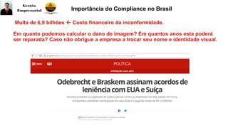 Multa de 6,9 bilhões  Custo financeiro da inconformidade.
Em quanto podemos calcular o dano de imagem? Em quantos anos esta poderá
ser reparada? Caso não obrigue a empresa a trocar seu nome e identidade visual.
Importância do Compliance no Brasil
 