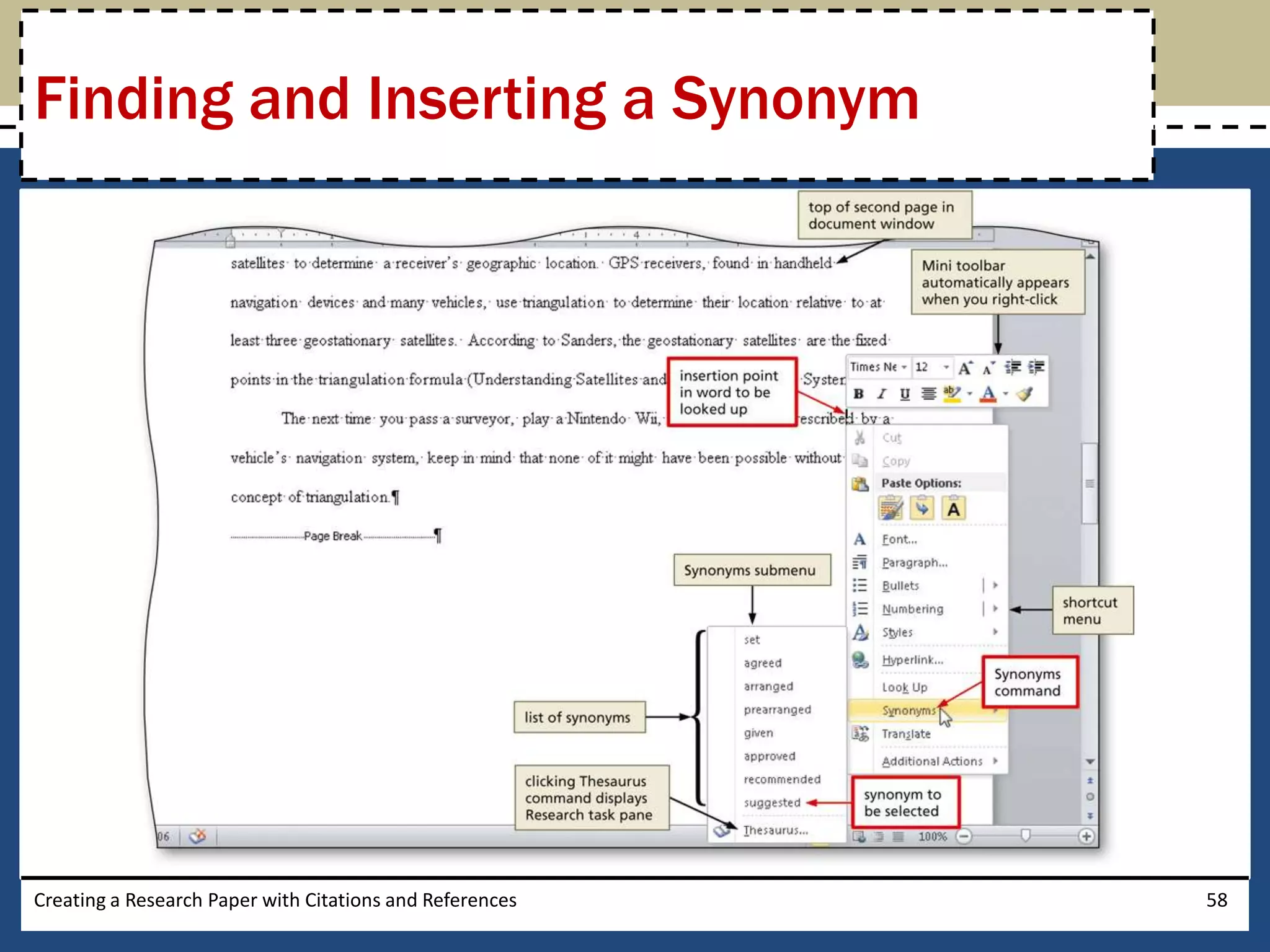 Finding and Inserting a Synonym




Creating a Research Paper with Citations and References   58
 