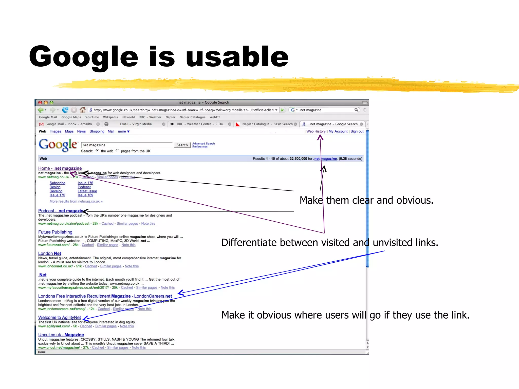 Google is usable Make it obvious where users will go if they use the link. Make them clear and obvious. Differentiate between visited and unvisited links. 