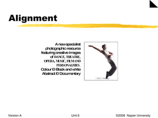Alignment Version A Unit 6   ©2008  Napier University  A new specialist photographic resource featuring creative images of  DANCE, THEATRE, OPERA, MUSIC, FILM AND PERSONALITIES. Colour – Black and white Abstract – Documentary 