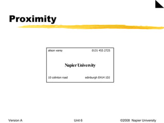 Proximity Version A Unit 6   ©2008  Napier University  alison varey    0131 455 2725 Napier University 10 colinton road    edinburgh EH14 1DJ 