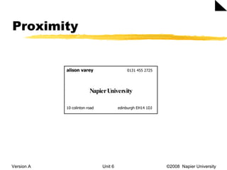 Proximity Version A Unit 6   ©2008  Napier University  alison varey     0131 455 2725 Napier University 10 colinton road    edinburgh EH14 1DJ 