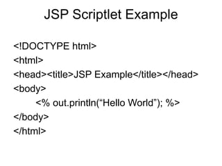 JSP Scriptlet Example
<!DOCTYPE html>
<html>
<head><title>JSP Example</title></head>
<body>
<% out.println(“Hello World”); %>
</body>
</html>
 