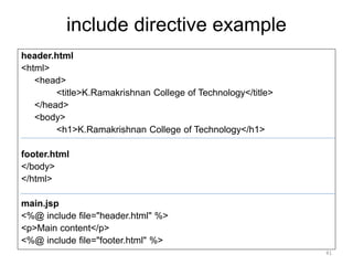 include directive example
header.html
<html>
<head>
<title>K.Ramakrishnan College of Technology</title>
</head>
<body>
<h1>K.Ramakrishnan College of Technology</h1>
footer.html
</body>
</html>
main.jsp
<%@ include file="header.html" %>
<p>Main content</p>
<%@ include file="footer.html" %>
41
 