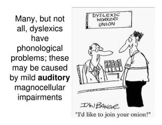 Many, but not
all, dyslexics
have
phonological
problems; these
may be caused
by mild auditory
magnocellular
impairments
 