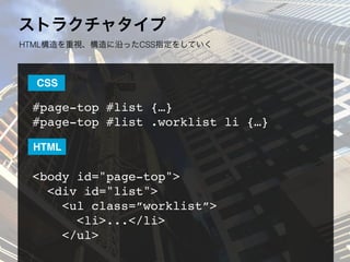 ストラクチャタイプ
HTML構造を重視、構造に沿ったCSS指定をしていく
#page-top #list {…}
#page-top #list .worklist li {…}
<body id="page-top">
  <div id="list">
    <ul class=”worklist”>
<li>...</li>
</ul>
CSS
HTML
 