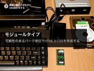 組織の要件に合わせた
CSS設計をする
3
モジュールタイプ
可搬性のあるパーツ単位でHTMLとCSSを作成する
 