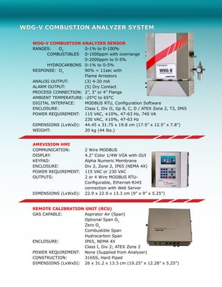 WDG-V COMBUSTION ANALYZER SENSOR
RANGES:	O2
		 0-1% to 0-100%
	 COMBUSTIBLES	 0-1000ppm with overrange
				0-2000ppm to 0-5%
	 HYDROCARBONS	 0-1% to 0-5%
RESPONSE:	O2
		 90% < 11sec with
				Flame Arrestors
ANALOG OUTPUT: 		 (3) 4-20 mA
ALARM OUTPUT: 		 (5) Dry Contact
PROCESS CONNECTION:	 2”, 3” or 4” Flange
AMBIENT TEMPERATURE:	-25°C to 65°C
DIGITAL INTERFACE:	 MODBUS RTU, Configuration Software
ENCLOSURE:		 Class I, Div II, Gp B, C, D / ATEX Zone 2, T3, IP65
POWER REQUIREMENT:	 115 VAC, ±10%, 47-63 Hz, 740 VA
				 230 VAC, ±10%, 47-63 Hz
DIMENSIONS (LxWxD):	 44.45 x 31.75 x 19.8 cm (17.5” x 12.5” x 7.8”)
WEIGHT:			 20 kg (44 lbs.)
AMEVISION HMI
COMMUNICATION:		 2 Wire MODBUS
DISPLAY:			 4.2” Color 1/4W VGA with GUI
KEYPAD:			 Alpha Numeric Membrane
ENCLOSURE:		 Div 2, Zone 2, IP65 (NEMA 4X)
POWER REQUIREMENT:	 115 VAC or 230 VAC
OUTPUTS:			 2 or 4 Wire MODBUS RTU-
				 Configurable, Ethernet-RJ45
				connection with Web Server
DIMENSIONS (LxWxD):	 22.9 x 22.9 x 13.3 cm (9” x 9” x 5.25”)
WDG-V COMBUSTION ANALYZER SYSTEM
REMOTE CALIBRATION UNIT (RCU)
GAS CAPABLE:		 Aspirator Air (Span)
				Optional Span O2
				Zero O2
				 Combustible Span
				Hydrocarbon Span
ENCLOSURE:		 IP65, NEMA 4X
				 Class I, Div 2; ATEX Zone 2
POWER REQUIREMENT:	 None (Supplied from Analyzer)
CONSTRUCTION:		 316SS, Hard Piped
DIMENSIONS (LxWxD):	 26 x 31.2 x 13.3 cm (10.25” x 12.28” x 5.25”)
 