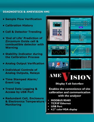 •	Sample Flow Verification
•	Calibration History
•	Cell & Detector Trending
•	‘End of Life’ Prediction of
Zirconium Oxide cell &
combustible detector with
Warning
•	Stability Indicator during
the Calibration Process
•	Analog Output Verification
•	Individual Controls of
Analog Outputs, Relays
•	Time Stamped Alarm/
Event Log
•	Trend Data Logging &
Access by USB Port
•	Redundant Cell, Enclosure
& Electronics Temperature
Monitoring
Enables the convenience of site
calibration and communication
with the analyzer
•	 MODBUS RS485
•	 TCP/IP Ethernet
•	 USB Port
•	 4.2” colorVGA display
AME
VISION
Display Unit Interface
DIAGNOSTICS & AMEVISION HMI
 