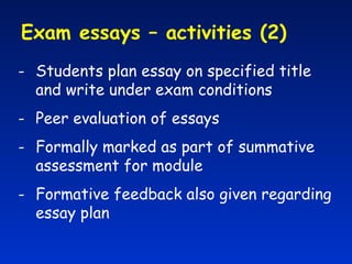 Exam essays – activities (2)  Students plan essay on specified title and write under exam conditions Peer evaluation of essays Formally marked as part of summative assessment for module Formative feedback also given regarding essay plan 