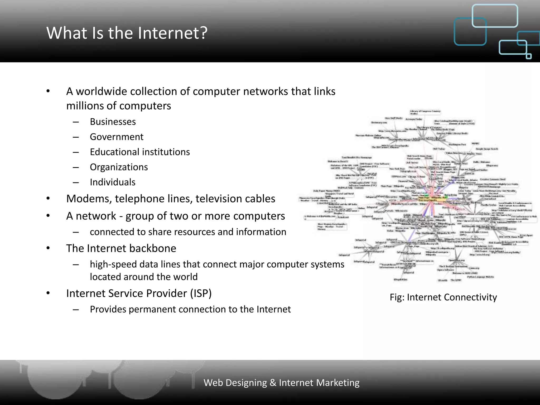 What Is the Internet?


•   A worldwide collection of computer networks that links
    millions of computers
     –   Businesses
     –   Government
     –   Educational institutions
     –   Organizations
     –   Individuals
•   Modems, telephone lines, television cables
•   A network - group of two or more computers
     –   connected to share resources and information
•   The Internet backbone
     –   high-speed data lines that connect major computer systems
         located around the world
•   Internet Service Provider (ISP)                                      Fig: Internet Connectivity
     –   Provides permanent connection to the Internet




                                    Web Designing & Internet Marketing
 