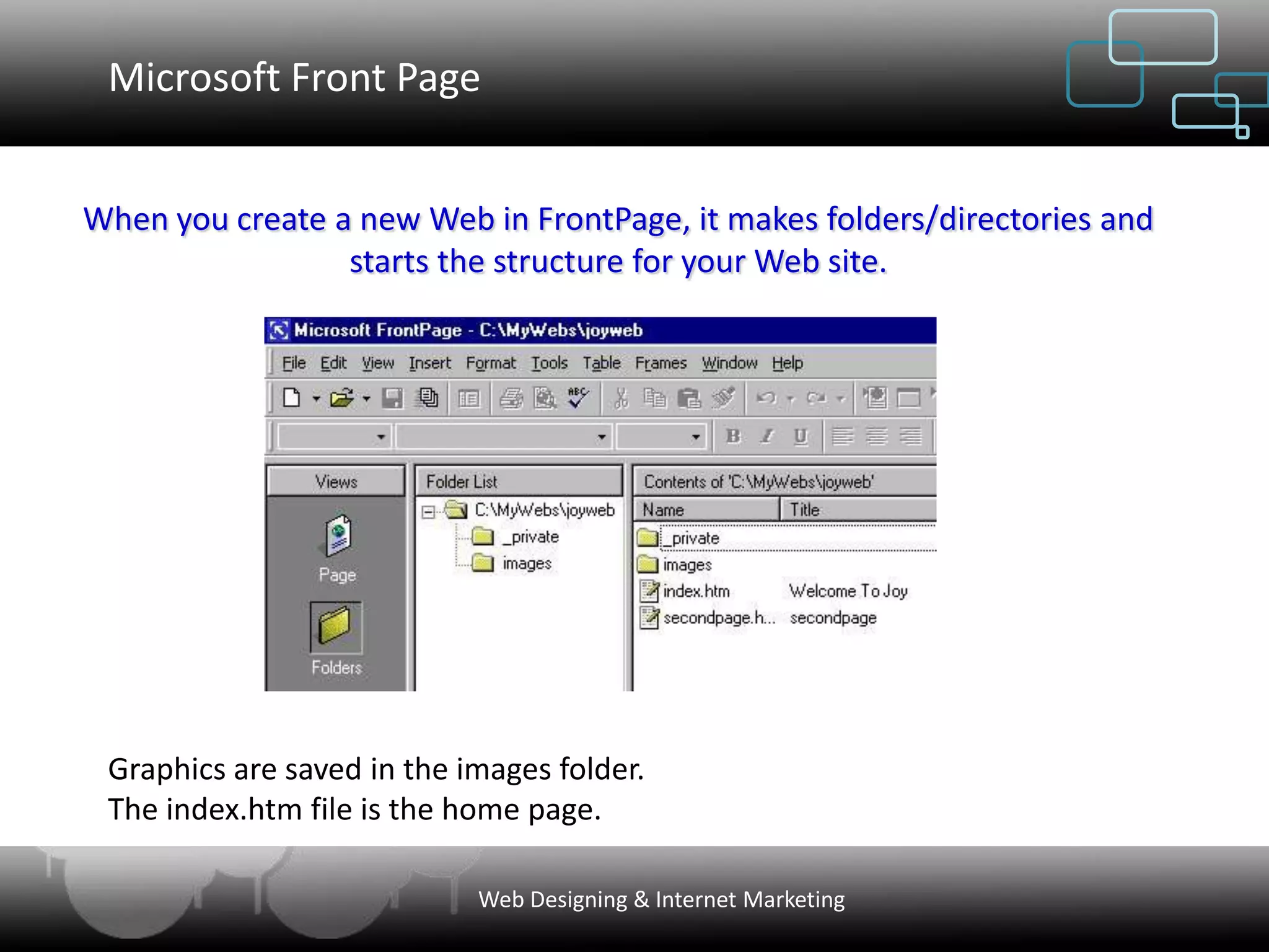 Microsoft Front Page


When you create a new Web in FrontPage, it makes folders/directories and
                 starts the structure for your Web site.




 Graphics are saved in the images folder.
 The index.htm file is the home page.

                            Web Designing & Internet Marketing
 