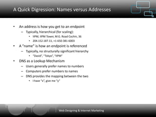 A Quick Digression: Names versus Addresses


•   An address is how you get to an endpoint
     – Typically, hierarchical (for scaling):
          • IIPM, IIPM Tower, M.G. Road Cochin, 36
          • 204.152.187.11, +1-650-381-6003
•   A “name” is how an endpoint is referenced
     – Typically, no structurally significant hierarchy
          • “David”, “Tokyo”, “IIPM”
•   DNS as a Lookup Mechanism
     – Users generally prefer names to numbers
     – Computers prefer numbers to names
     – DNS provides the mapping between the two
          • I have “x”, give me “y”




                                 Web Designing & Internet Marketing
 