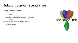 Solution: approche centralisée
Map Reduce: 2003
Map:
Distribuer le travail sur plusieurs machines
Reduce:
Récupérer le résultat de chaque machine
et le regrouper
 
