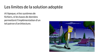 Les limites de la solution adoptée
A l'époque, ni les systèmes de
fichiers, ni les bases de données
permettent l'implémentation d'un
tel patron d'architecture.
 