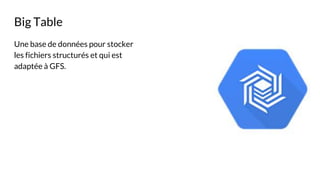 Big Table
Une base de données pour stocker
les fichiers structurés et qui est
adaptée à GFS.
 
